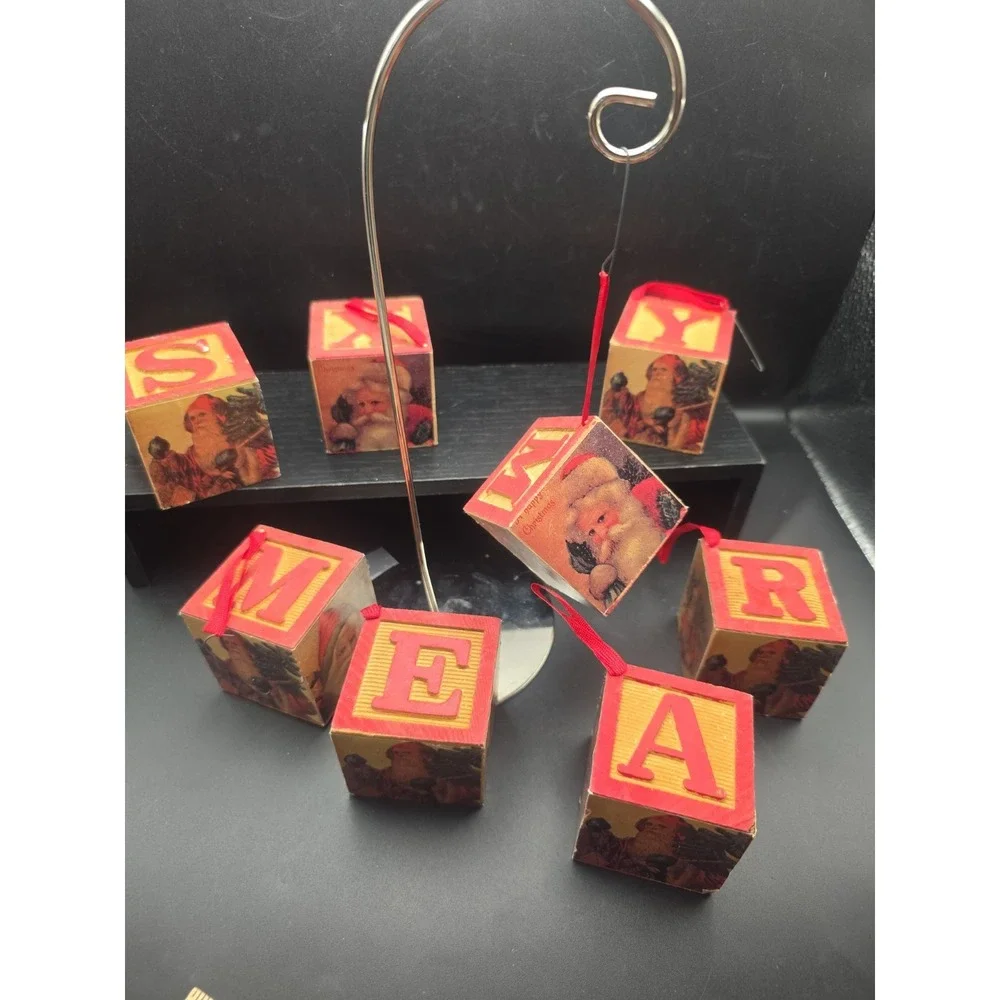 Vintage Set OF 8 Christmas Wood Alphabet Block Ornaments ReD Letter SaNTA Claus!